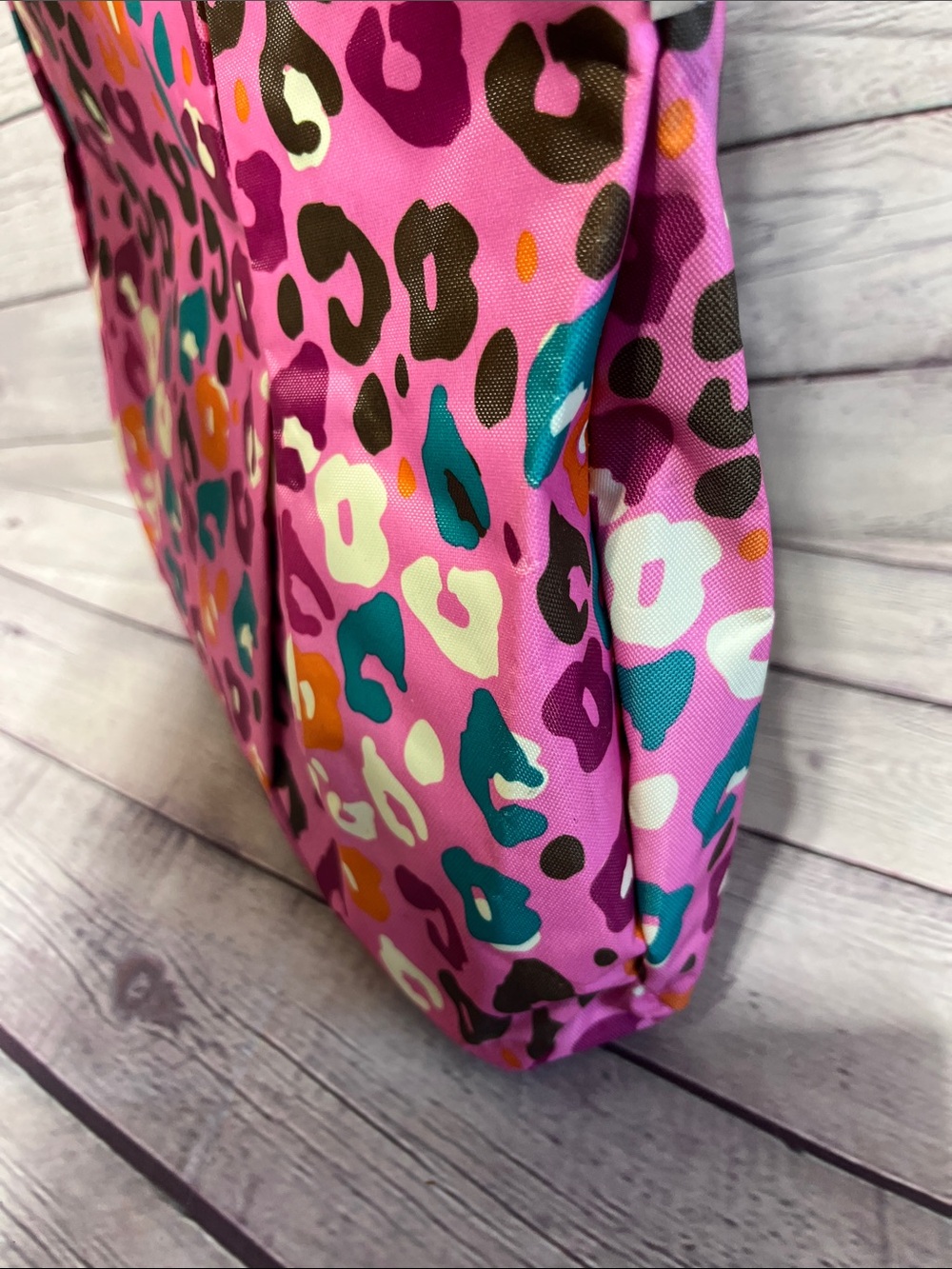 Pink Leopard-Print Tote with Teal Handles - Picture 2 of 7